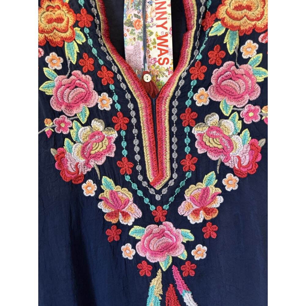 Johnny Was Tunic Blouse Top Medium Blue Vneck Flowy Relaxed Embroidered Long - Picture 2 of 15